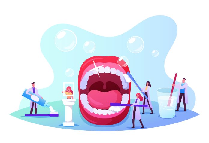 Dental Care Concept. Tiny Dentists Characters Cleaning and Brushing Huge Teeth in Open Mouth. Doctor Use Tooth Paste